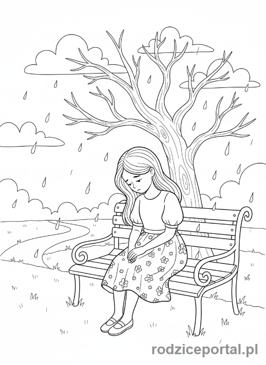 Kolorowanka Emocje Codzienne - Dziewczynka smutna na ławce