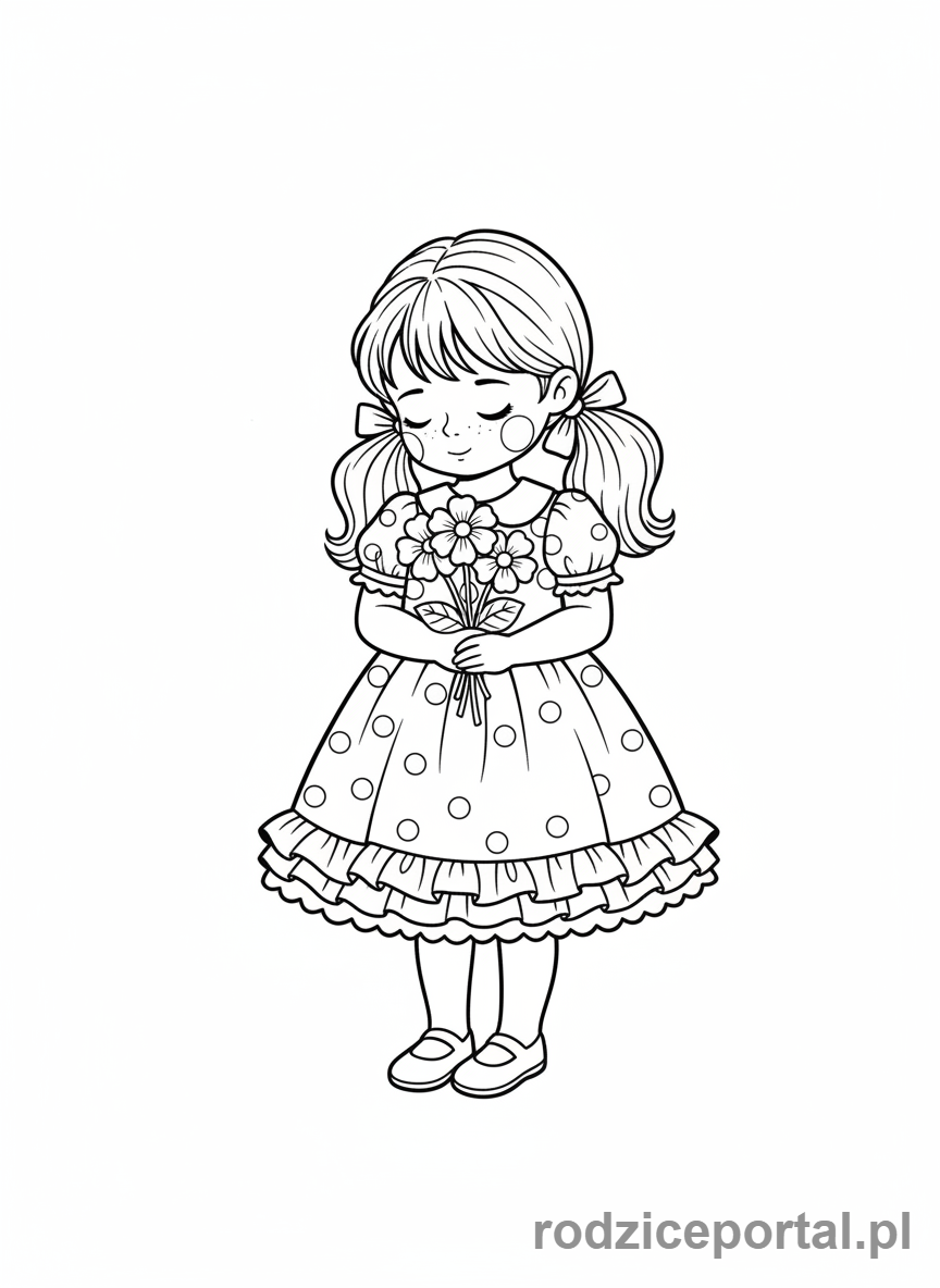Kolorowanka Emocje Mimika - Nieśmiała dziewczynka z bukietem