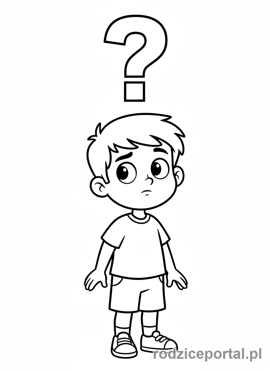 Kolorowanka Emocje Mimika - Zdezorientowany chłopiec z pytaniem