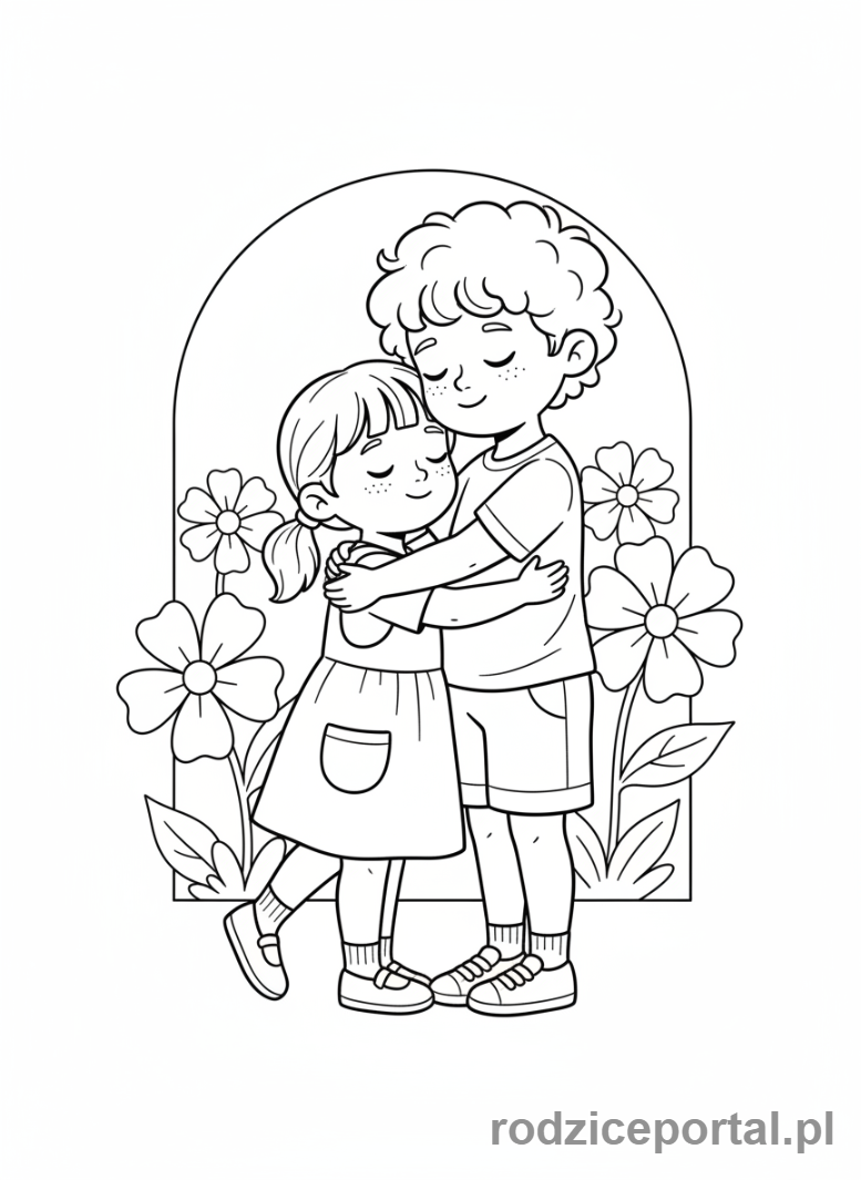 Kolorowanka Emocje Pdf - Dzieci serdecznie się przytulają