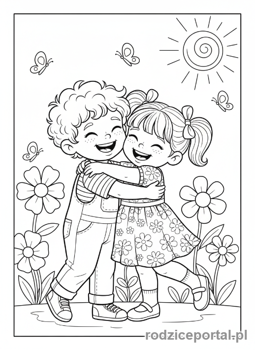 Kolorowanka Emocje Przedszkole - Dzieci przytulają się