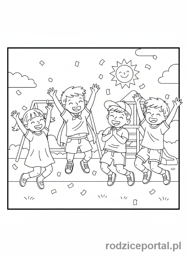 Kolorowanka Emocje Przedszkole - Dzieci skaczą z radości