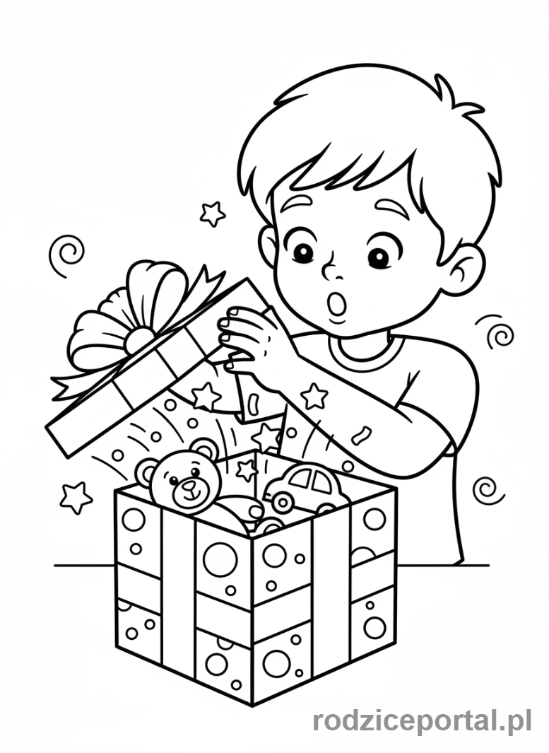 Kolorowanka Emocje Sytuacje - Dziecko otwierające prezent