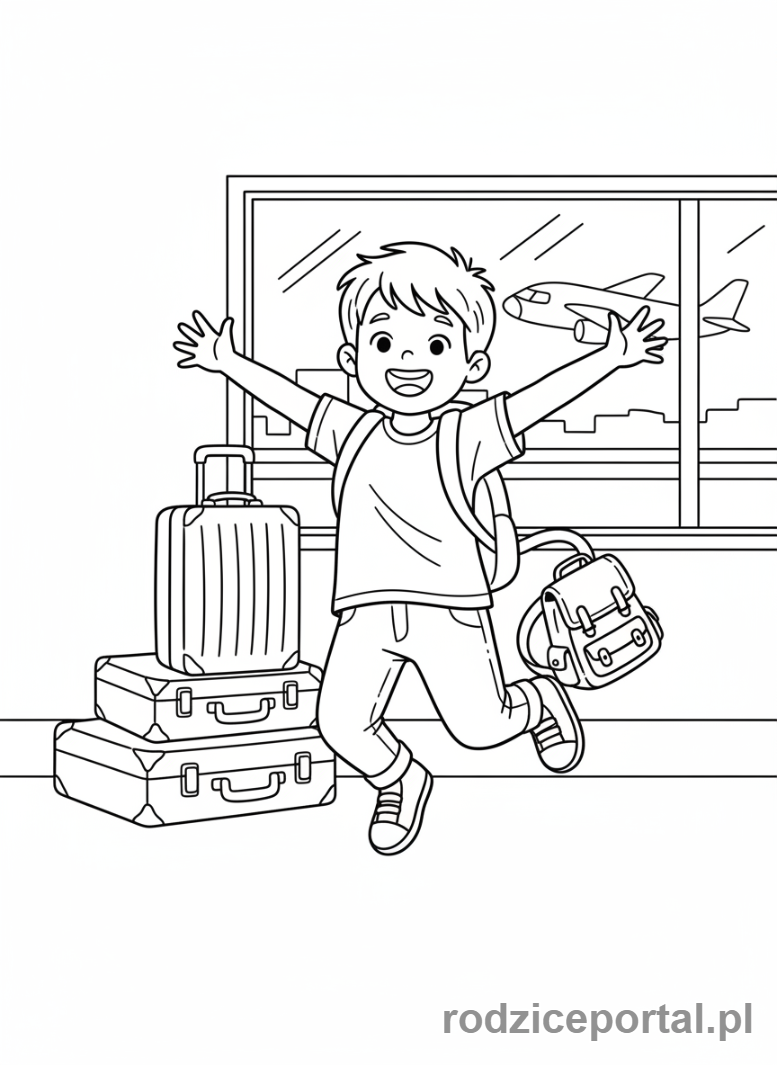 Kolorowanka Emocje Sytuacje - Dziecko podekscytowane przed podróżą