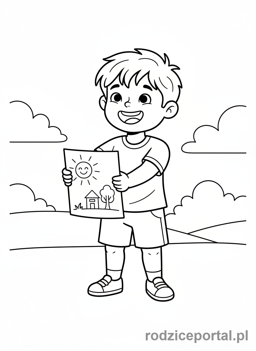 Kolorowanka Emocje Sytuacje - Dziecko pokazujące swój rysunek