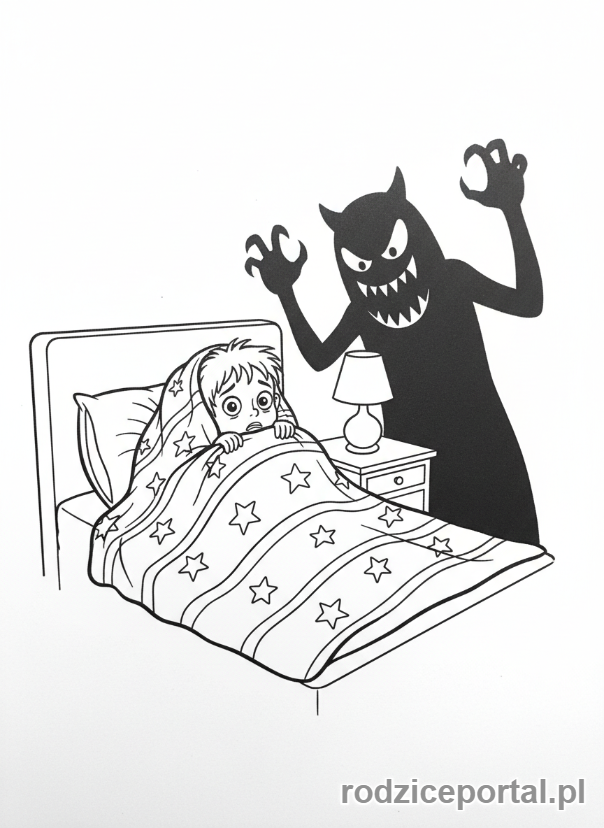 Kolorowanka Emocje Sytuacje - Dziecko słyszące dziwny dźwięk w ciemności