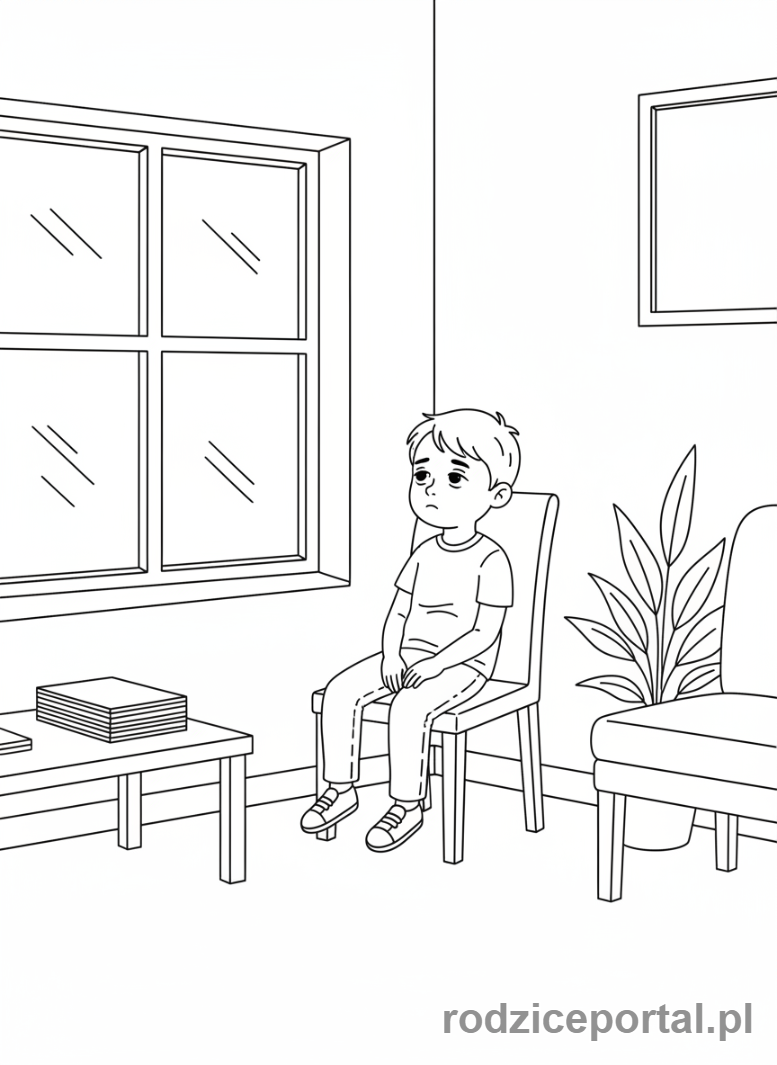Kolorowanka Emocje Sytuacje - Dziecko znudzone w poczekalni