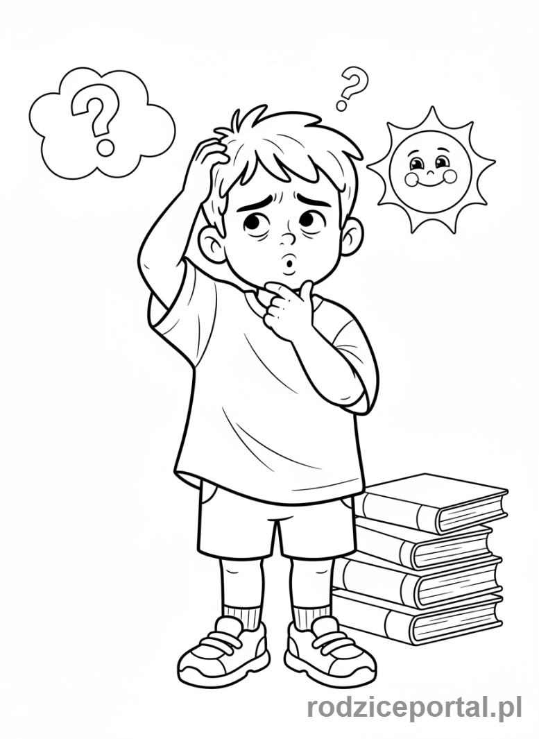 Kolorowanka Emocje Zerówka - Zmieszane dziecko, myśli