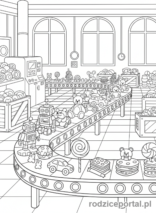 Kolorowanka Fabryka - Taśmociąg z produktami