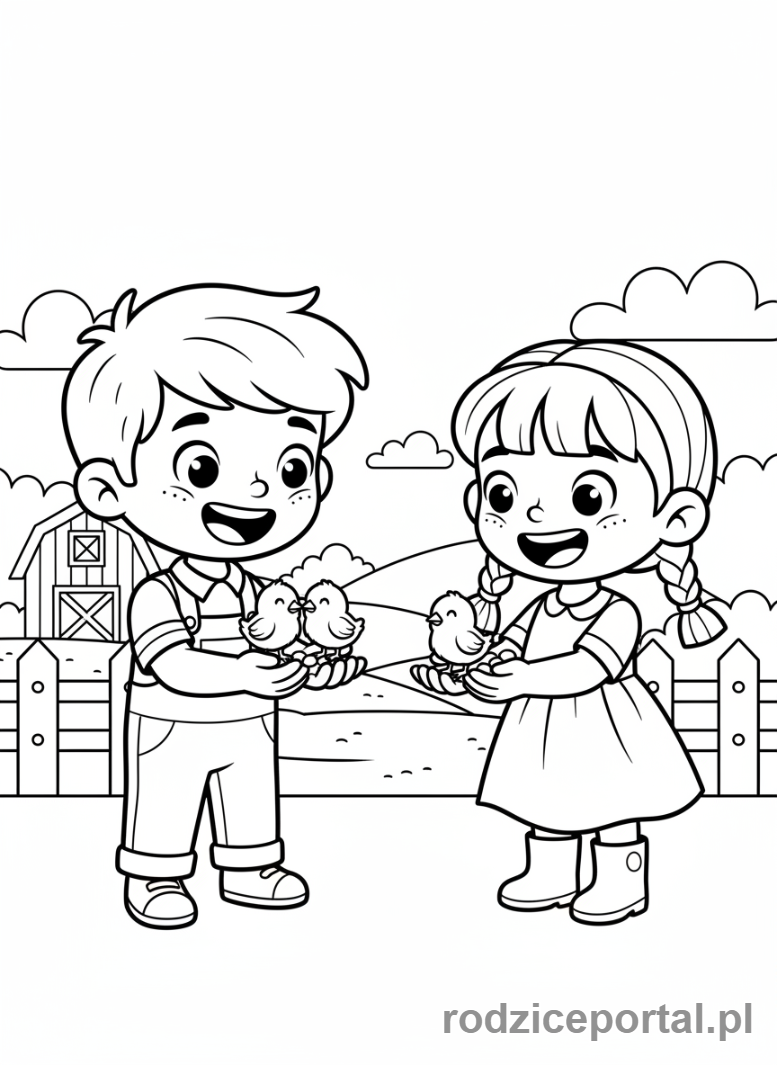 Kolorowanka Farma Edukacyjna - Dzieci karmiace kurczaki