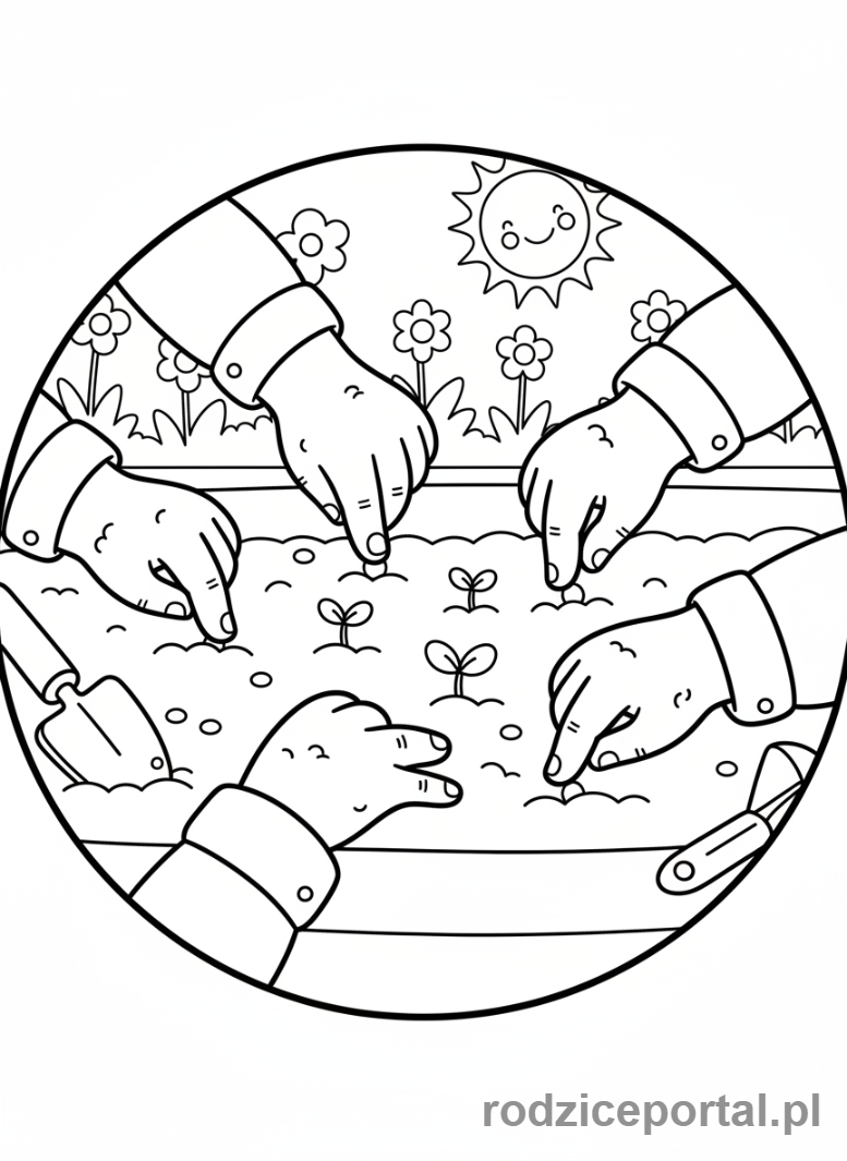 Kolorowanka Farma Edukacyjna - Dzieci sadzace nasiona