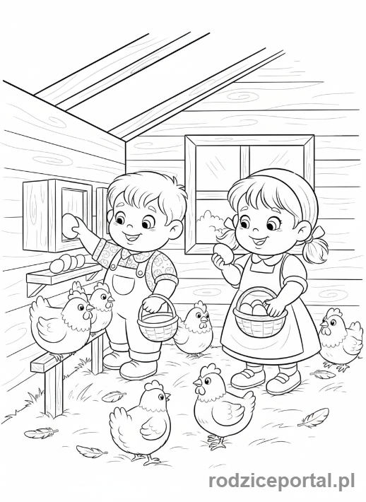 Kolorowanka Farma Edukacyjna - Dzieci zbierajace jajka