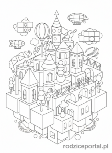 Kolorowanka Figury Przestrzenne - Miasto z figur geometrycznych