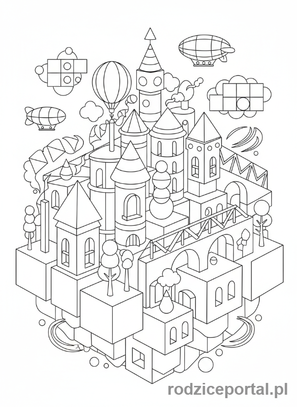 Kolorowanka Figury Przestrzenne - Miasto z figur geometrycznych