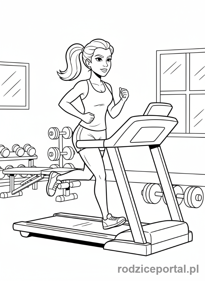 Kolorowanka Fitness - Kobieta biegnąca na bieżni
