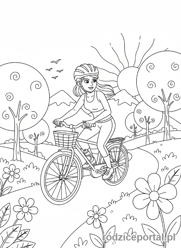 Kolorowanka Fitness - Kobieta jadąca na rowerze