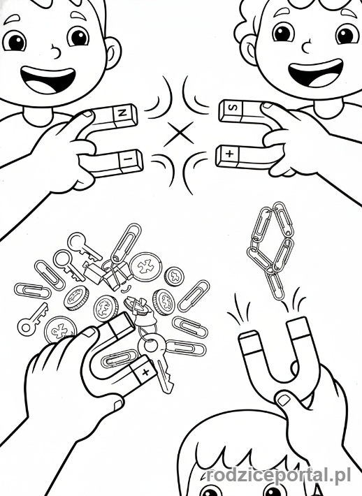 Kolorowanka Fizyka Dla Dzieci - Dzieci bawiące się magnesami, bliskość