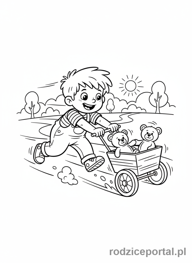 Kolorowanka Fizyka Dla Dzieci - Dziecko pchające wózek, siła i ruch