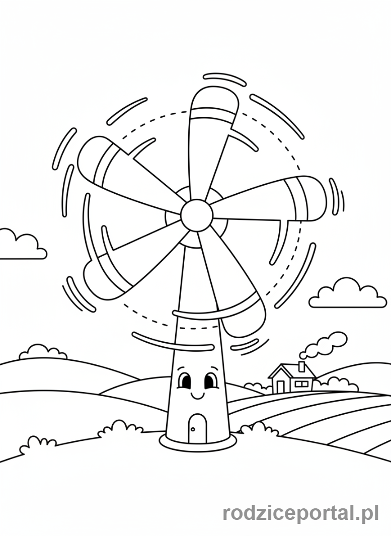 Kolorowanka Fizyka Dla Dzieci - Wiatrak generujący energię, odnawialne źródła