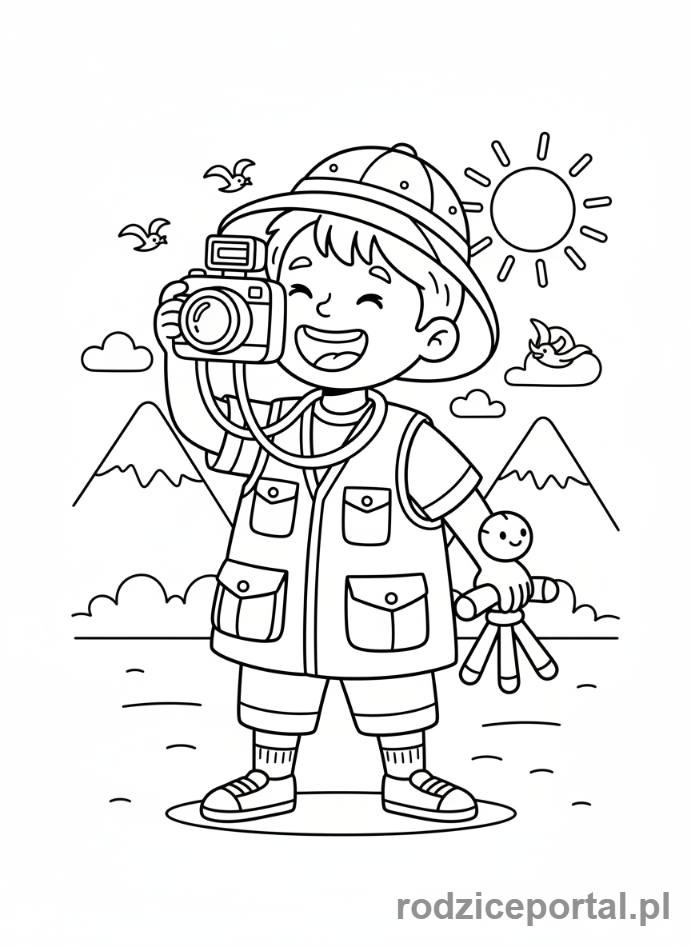 Kolorowanka Fotograf - Dziecko-fotograf z zabawkowym aparatem
