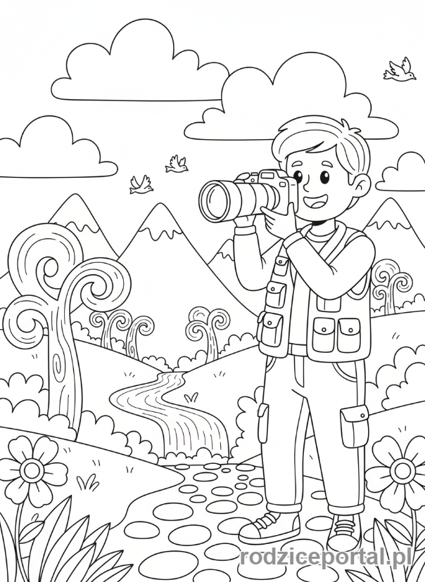 Kolorowanka Fotograf - Fotograf robi zdjęcie naturze
