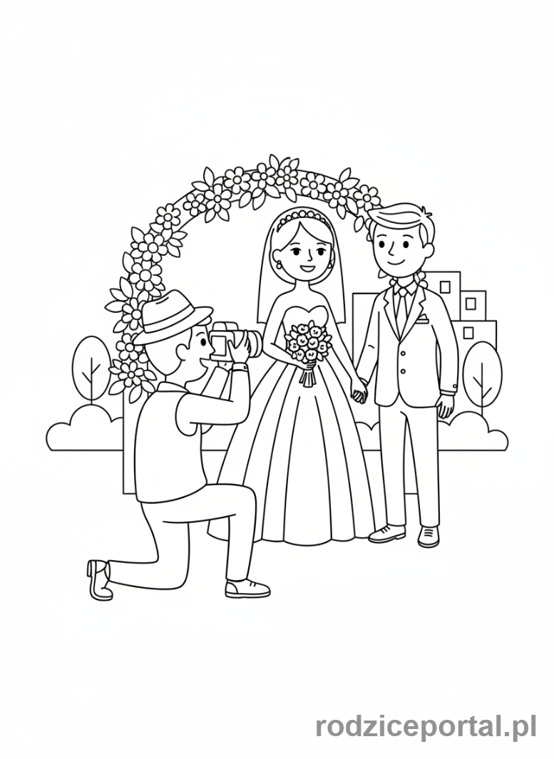 Kolorowanka Fotograf - Fotograf ślubny, para młoda