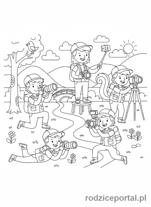 Kolorowanka Fotograf - Grupa fotografów na plenerze
