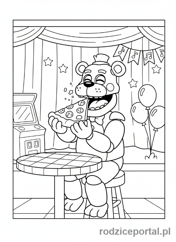 Kolorowanka Freddy Fazbear - Freddy Fazbear jedzący pizzę