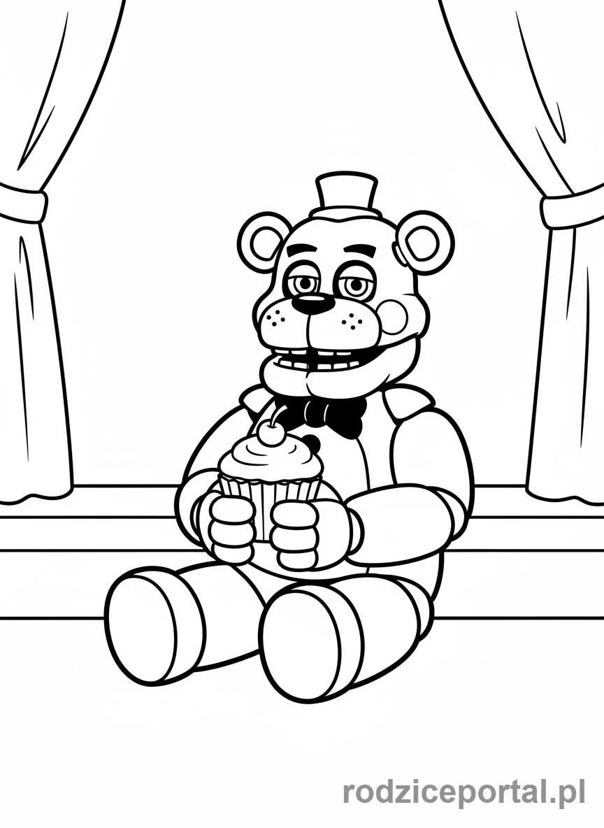 Kolorowanka Freddy Fazbear - Freddy Fazbear siedzi z babeczką