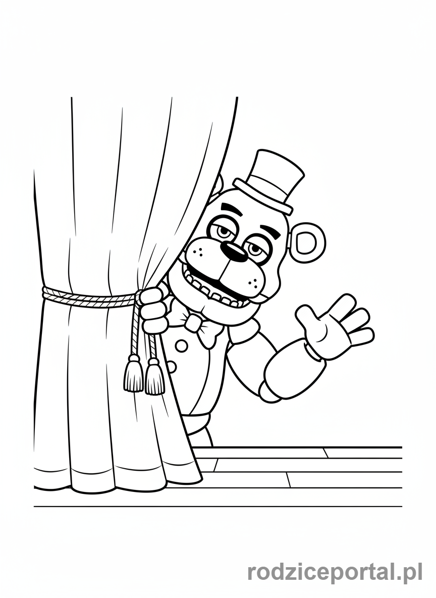 Kolorowanka Freddy Fazbear - Freddy Fazbear wychylający się zza kurtyny
