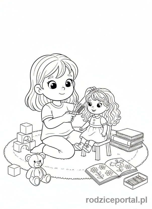 Kolorowanka Fryzjer - Dziewczynka bawi się we fryzjera