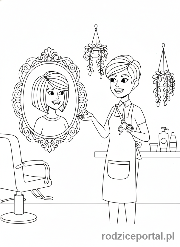 Kolorowanka Fryzjer - Klientka podziwia fryzurę w lustrze