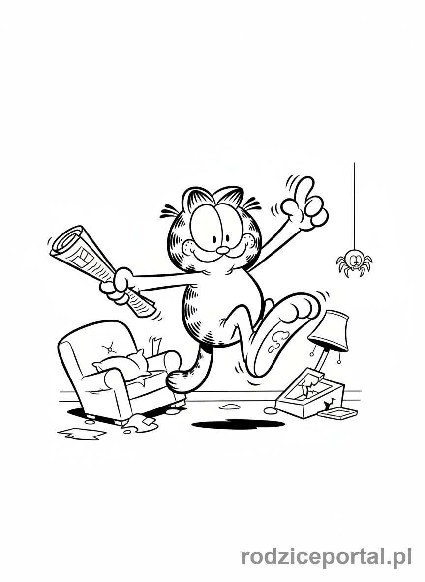 Kolorowanka Garfield - Garfield poluje na pająka