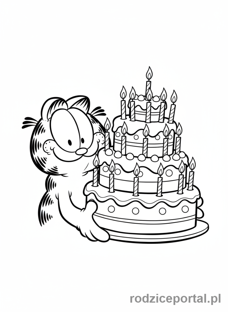 Kolorowanka Garfield - Garfield z urodzinowym tortem