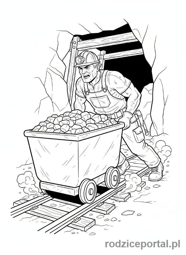 Kolorowanka Górnik - Górnik pcha wózek z węglem
