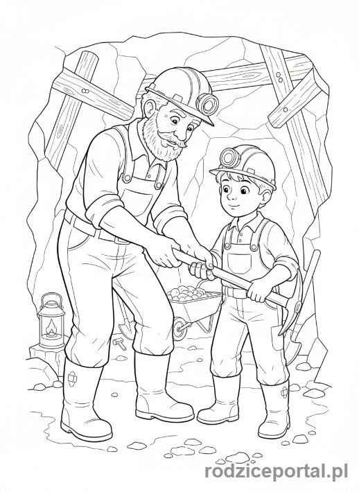 Kolorowanka Górnik - Młody górnik i stary mistrz