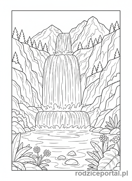 Kolorowanka Góry Zadania - Wodospad w górach