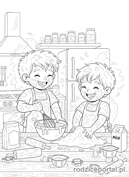 Kolorowanka Gotowanie - Dzieci pieką ciasto