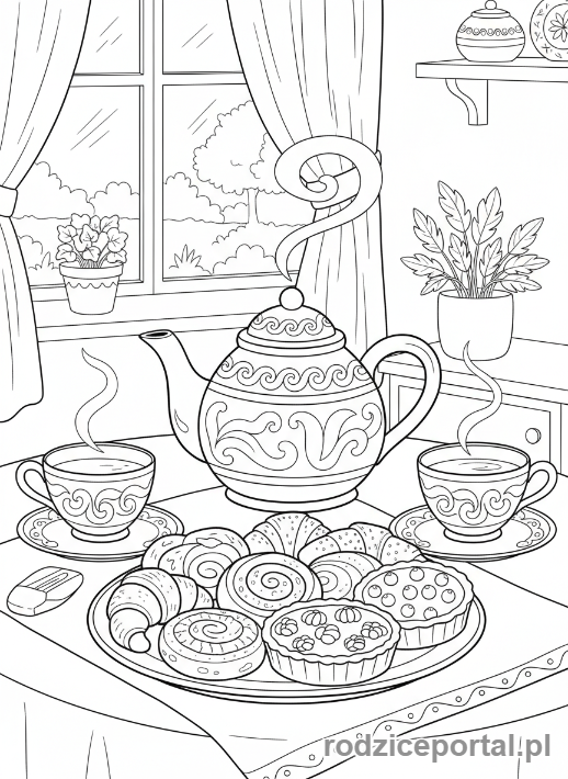 Kolorowanka Gotowanie - Filiżanki i ciastka