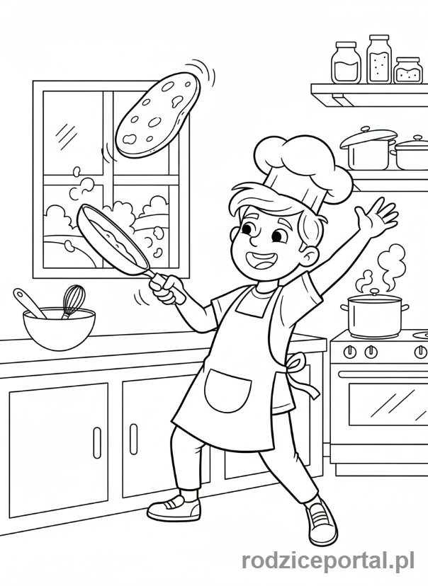 Kolorowanka Gotowanie - Latający naleśnik