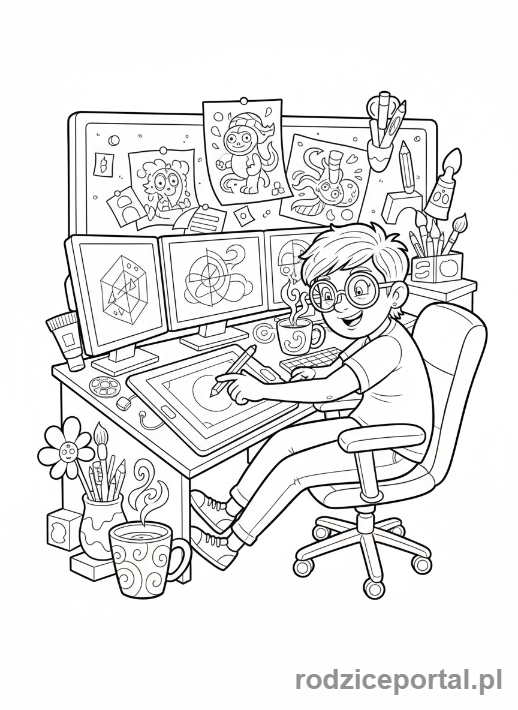 Kolorowanka Grafik - Grafik pracuje wieczorem