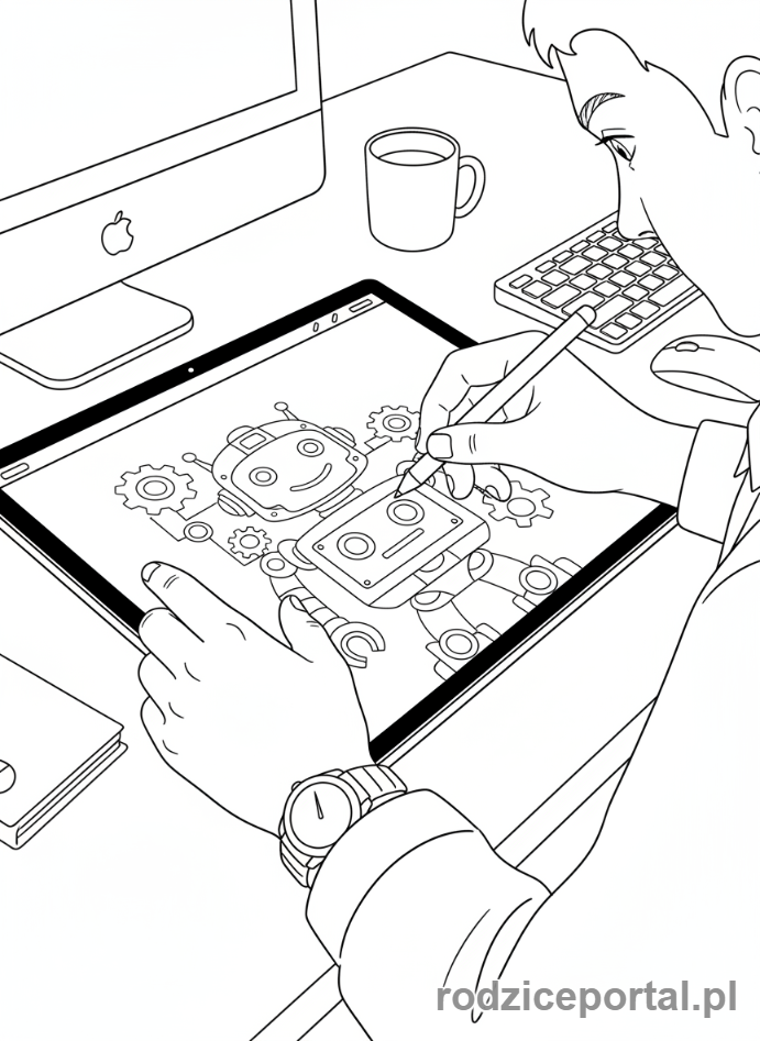 Kolorowanka Grafik - Ręce rysujące na tablecie