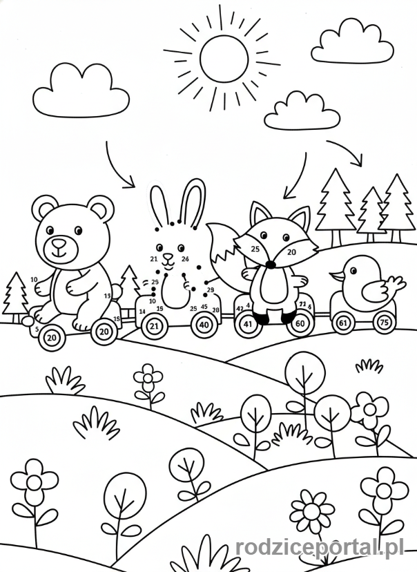 Kolorowanka Grafomotoryka - Kropki - pociąg ze zwierzętami