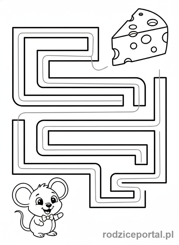 Kolorowanka Grafomotoryka - Labirynt z myszką i serem