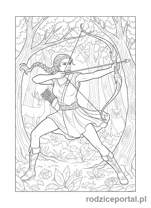 Kolorowanka Grecka Mitologia - Artemida łuczniczka z łukiem