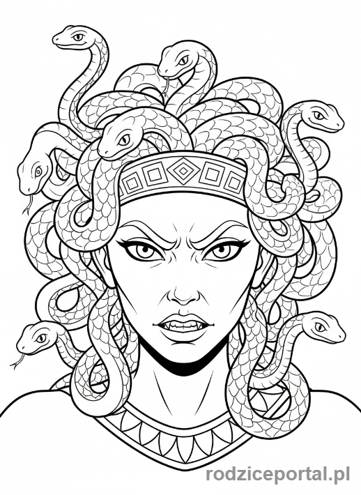 Kolorowanka Grecka Mitologia - Głowa Meduzy z wężami