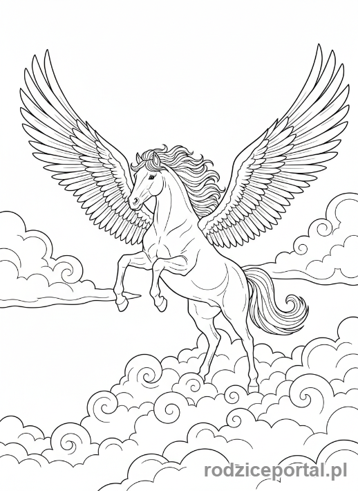 Kolorowanka Grecka Mitologia - Pegaz latający nad chmurami