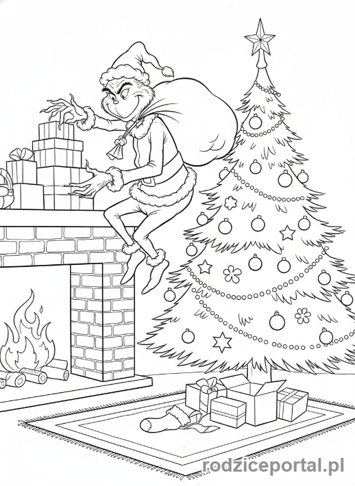Kolorowanka Grinch - Grinch kradnie prezenty świąteczne