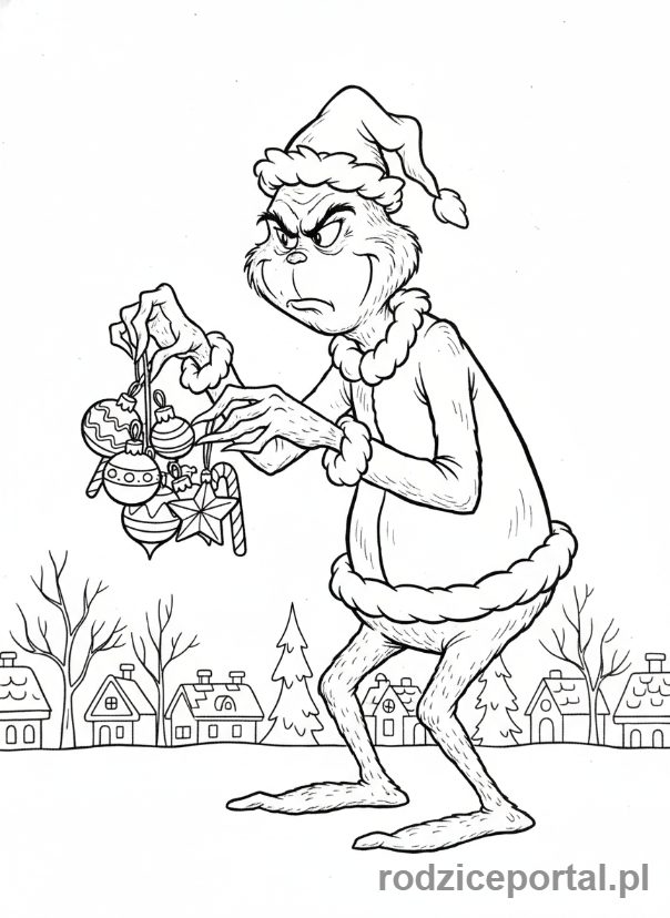 Kolorowanka Grinch - Grinch niechętnie trzyma ozdoby
