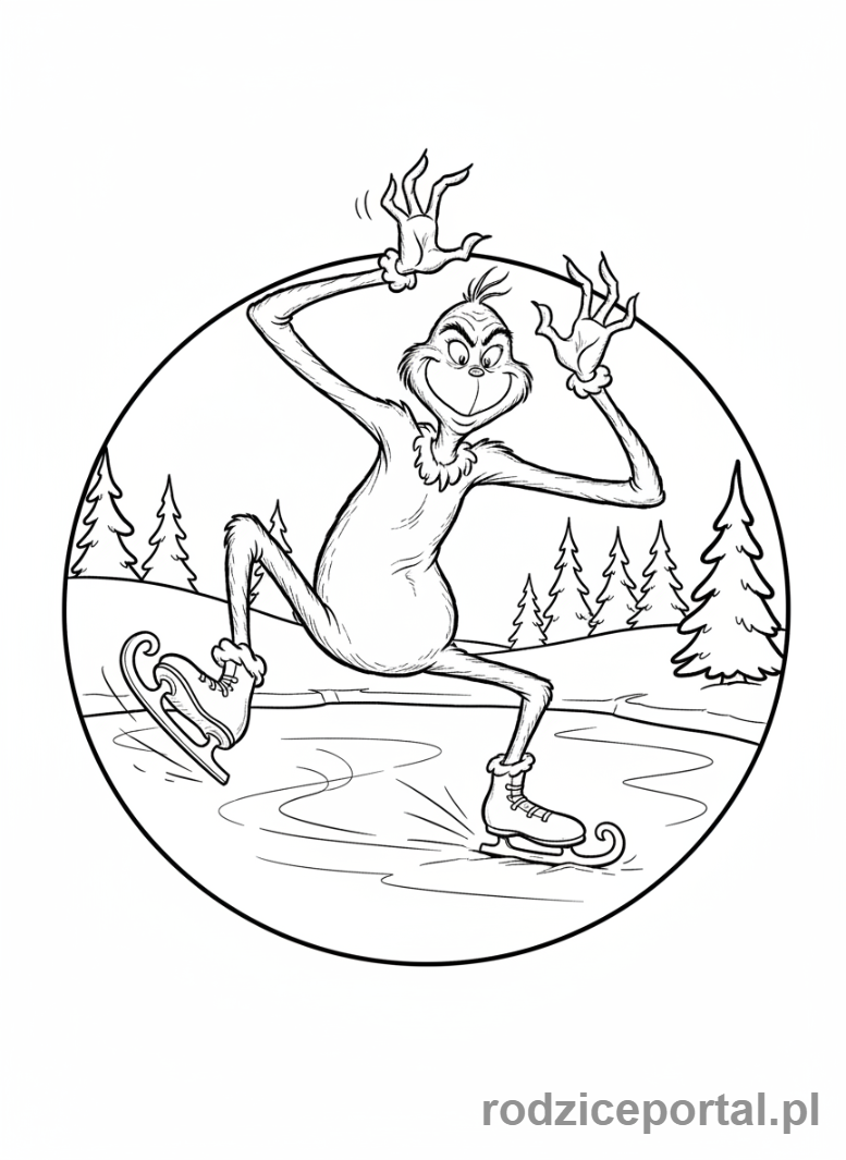 Kolorowanka Grinch - Grinch niezdarnie jeździ na łyżwach